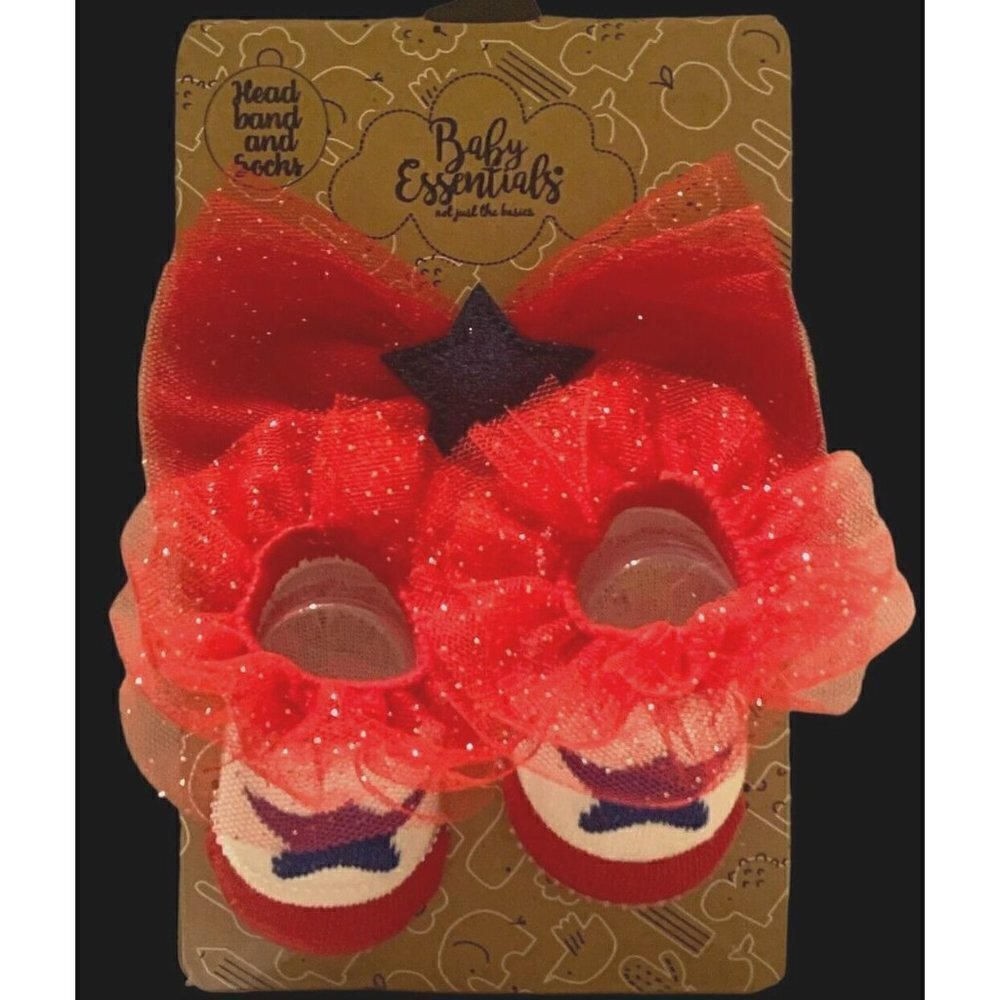 Baby Girls Patriotic Sparkle Headband And Socks Set Size 0-12M Red White Blue